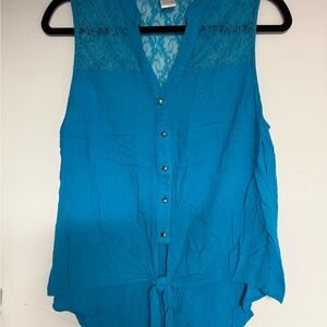 Michele Turquoise Button-Down Lace Blouse